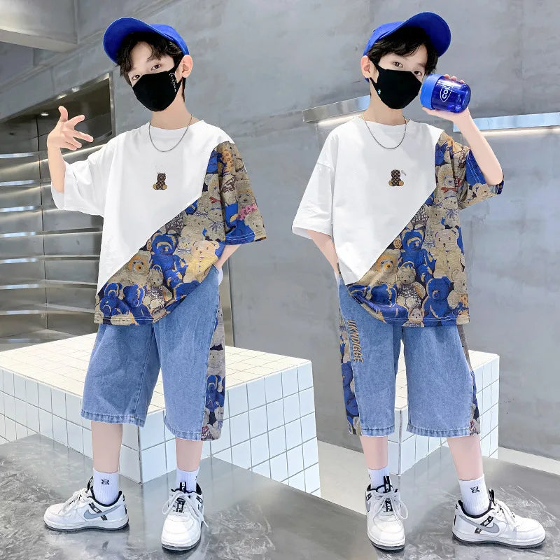 Summer Teenage Boy Clothes Children Cartoon Bear Tshirt and Jeans Shorts Set Kid Short Sleeve Top Buttom 2pcs Outfits Tracksuits