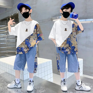 Summer Teenage Boy Clothes Children Cartoon Bear Tshirt and Jeans Shorts Set Kid Short Sleeve Top Buttom 2pcs Outfits Tracksuits