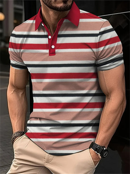 2024 New men's short sleeved 3D digital printing summer lapel contrasting striped polo shirt for men's business and leisure top