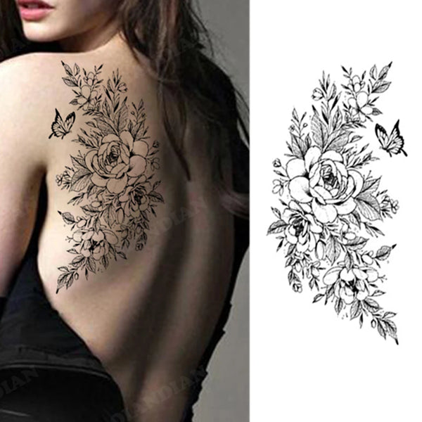 Black Flower Temporary Tattoos Sticker Arm Sleeve Rose Moon Butterfly Snake Henna Body Decorate Realistic Fake 3D Women Totem