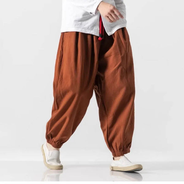 Men's 9-inch casual pants  spring and autumn loose Harun pants  linen lantern pants  men's summer thin ice silk wide leg pants