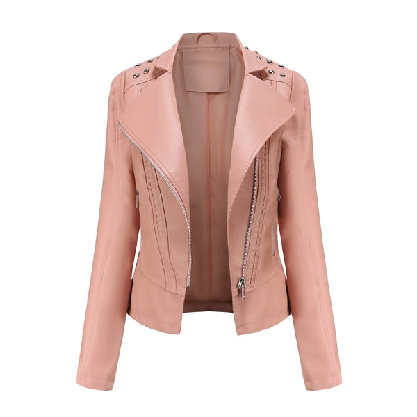 Women's Punk Rivet Leather Jacket Spring Autumn Retro Turndown Collar Slim Casual Ladies Faux Soft Leather Moto Biker Outerwear