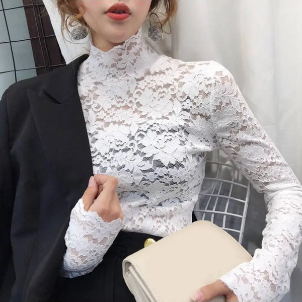 Sexy Women Long Sleeve Lace Blouses High Collar Inner Wear Lace Crochet Shirt Base Tunic Top Perspective Vintage Bottom Blouse