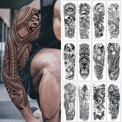 Large Full Arm Sleeve Tribal Totem Waterproof Temporary Tattoo Sticker Skull Totem Bird Wolf Tiger Fake Tatoo Body Art Men Women