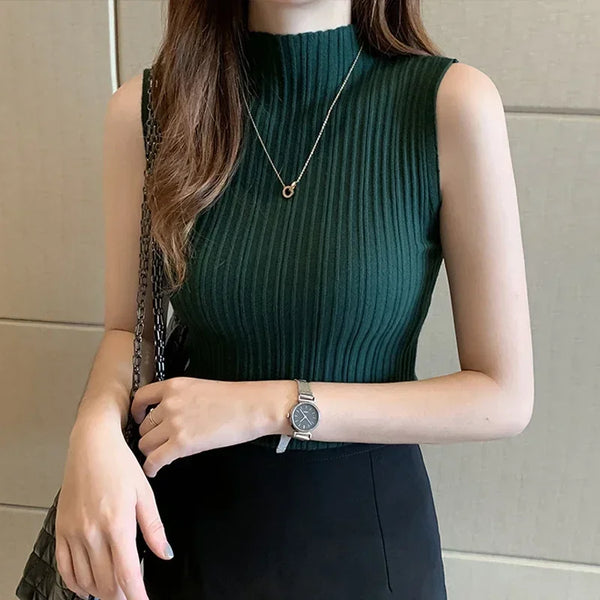 Fashion Women Knitted Vest Solid Color Sleeveless Half High Collar Slim Base Camisole Casual Tank Top Knitwear Summer Streetwear