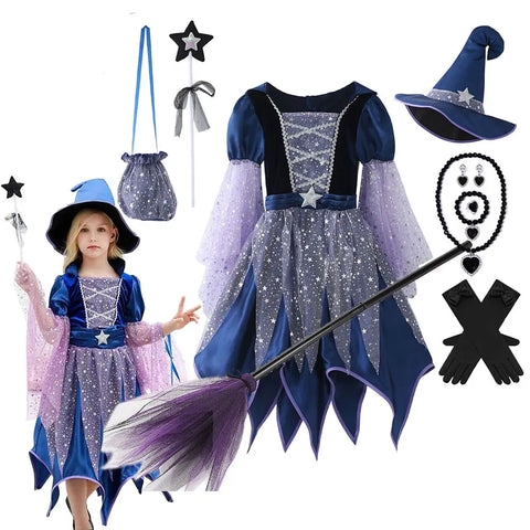 4 Pieces Dress Set Evil Villain Apparel Halloween Ugly Hag Witch Costume Role Play Pretend Girls Wizard Gown with Hat +Bag+Wand