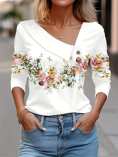 T Shirt For Women Fashion Long Sleeve Top White Floral Print Shirts And Blouses Autumn Winter Clothes For Women