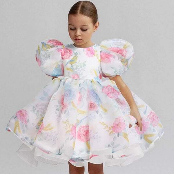 Fashion Girl White Princess Dress Tulle Puff Sleeve Wedding Party Kids Dresses for Girls Birthday Child Clothes Bridesmaid Gown