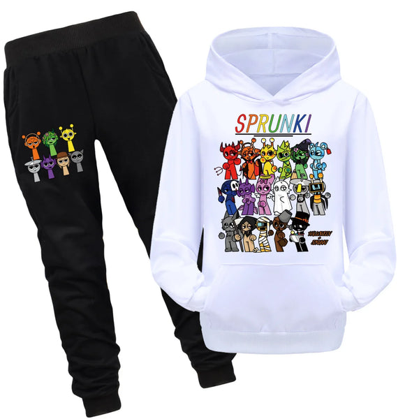 Cute Sprunki Cartoon Clothes Set for Kids Game Incredibox Hoodie Children Fall Hooded Sweatshirts Pants 2pcs Set Boys Outfits