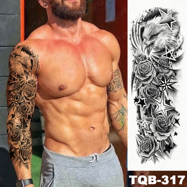 Large Full Arm Sleeve Tribal Totem Waterproof Temporary Tattoo Sticker Skull Totem Bird Wolf Tiger Fake Tatoo Body Art Men Women