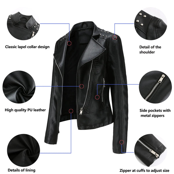 Women's Punk Rivet Leather Jacket Spring Autumn Retro Turndown Collar Slim Casual Ladies Faux Soft Leather Moto Biker Outerwear