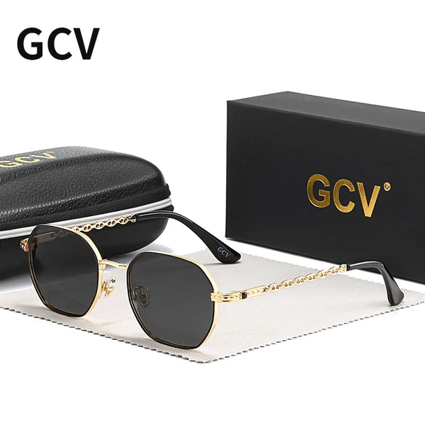 GCV brand classic retro women's rectangular square metal frame glasses, sunglasses, Polaroid lenses，Box Oculos De Sol Gafas