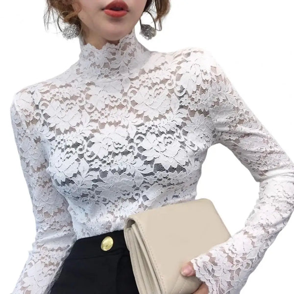 Sexy Women Long Sleeve Lace Blouses High Collar Inner Wear Lace Crochet Shirt Base Tunic Top Perspective Vintage Bottom Blouse