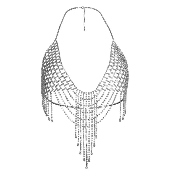 Luxury Grid Water Droplets Tassels Bikini Style Rhinestone Chest Chain Nightclub Women's Body Chain