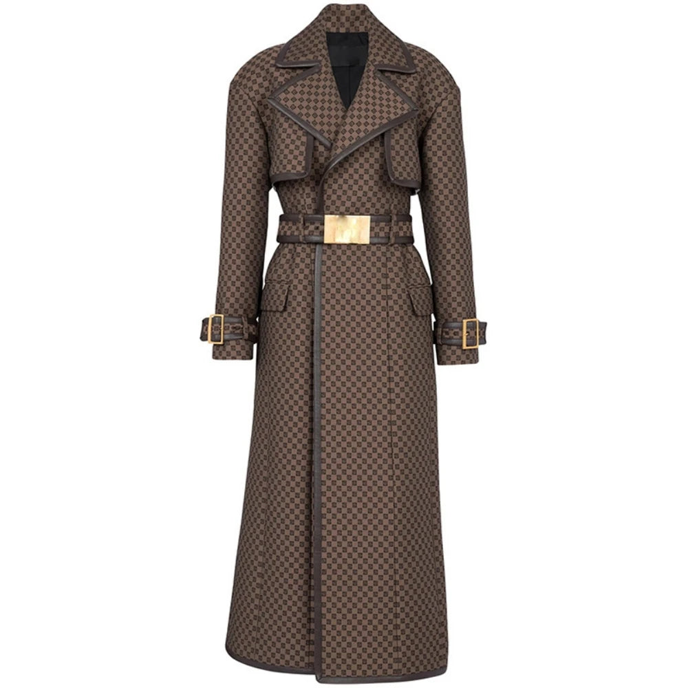 New 2024 celebrity fashion belted jacquard maze pattern printed luxury long trench coat jacket