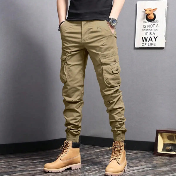 Casual Side Flap Pockets Workwear Tapered Pants, Men's Cargo Pants For Spring Fall Outdoor