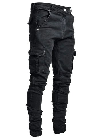 Jeans Men Black Cargo Pants Multi Pockets Denim Pantalones Blue Slim Fit Overol Hombre Fashion Casual Streetwear Trousers 3XL