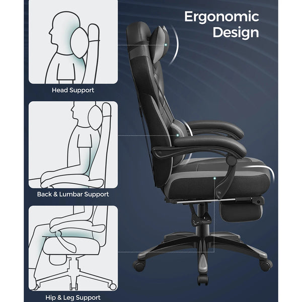 SONGMICS Gaming Chair, Office Racing Chair with Footrest, Desk Chair, Ergonomic Design, Adjustable Headrest, Lumbar Support