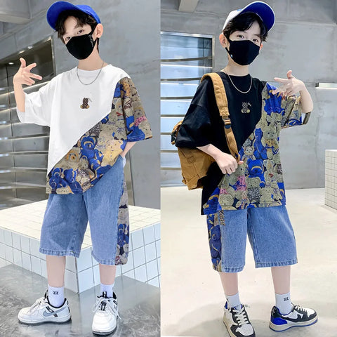 Summer Teenage Boy Clothes Children Cartoon Bear Tshirt and Jeans Shorts Set Kid Short Sleeve Top Buttom 2pcs Outfits Tracksuits