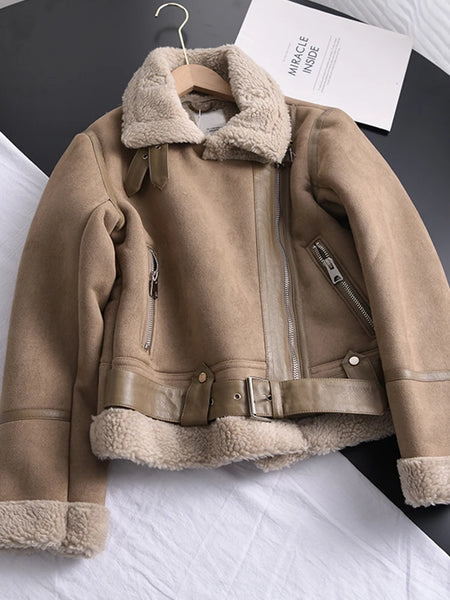 Ailegogo Winter Women Thick Warm Suede Lamb Jacket Short Motorcycle Brown Coats Faux Shearling Sheepskin Leather Jackets Outwear