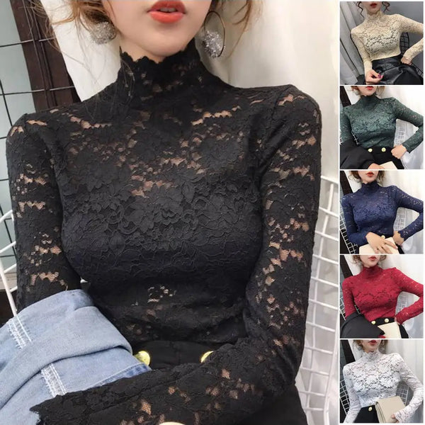 Sexy Women Long Sleeve Lace Blouses High Collar Inner Wear Lace Crochet Shirt Base Tunic Top Perspective Vintage Bottom Blouse