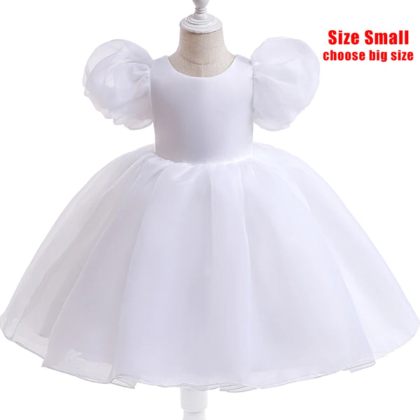 Fashion Girl White Princess Dress Tulle Puff Sleeve Wedding Party Kids Dresses for Girls Birthday Child Clothes Bridesmaid Gown