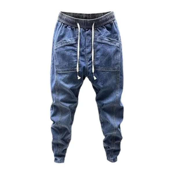 Spring Autumn Men Jeans Elastic Drawstring Waist Pockets Denim Trousers Solid Color Casual Cargo Harem Pants Men's Clothing