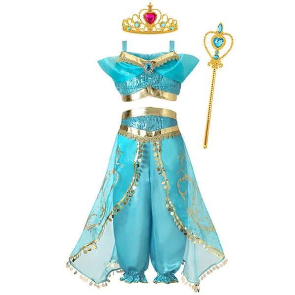 Jasmine Princess Dress for Girls Birthday Party Carnival Cosplay Aladdin Magic Lamp Costume Kids Vestidos Set Outfits Clothing