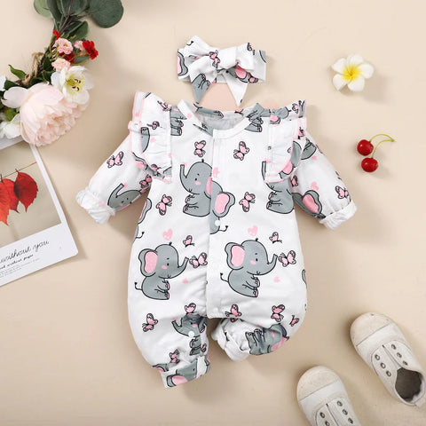 Baby Girl Romper Long Sleeve Cute Elephant Bodysuit+Headband Casual Bodysuit for Toddler Girl 0-18Months Clothes