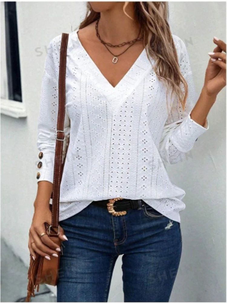 White V-Neck Long Sleeve T-Shirt Women's Hollow Button Blouse Simple Elegant Autumn Office Lady Top