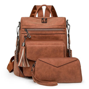 Backpack for Women Large Womens Backpack Leather Travel Fashion Purse Designer Ladies Shoulder Bags with Tassel Two-toned Brown