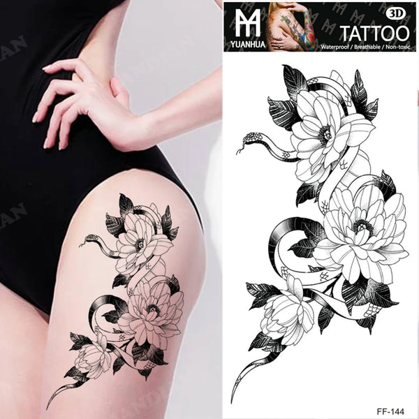 Black Flower Temporary Tattoos Sticker Arm Sleeve Rose Moon Butterfly Snake Henna Body Decorate Realistic Fake 3D Women Totem