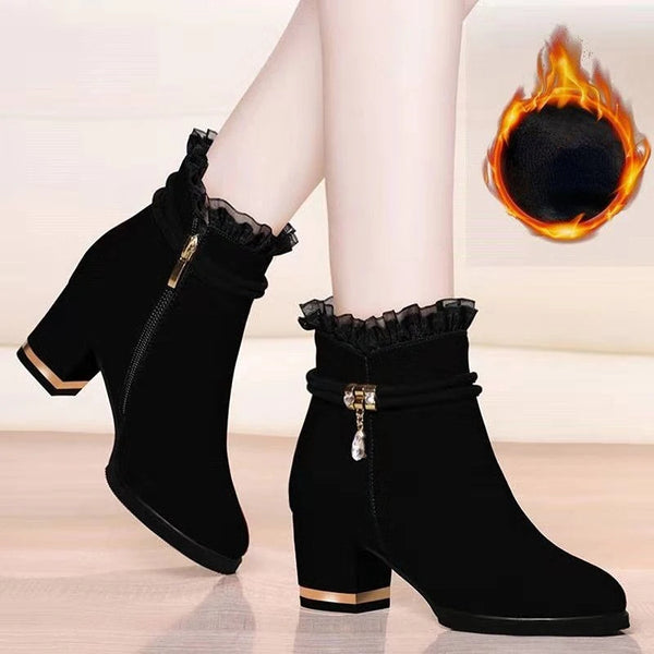 2023 New Autumn Fashion Boots Women Fur Winter Warm Pointed Ankle Boots Sexy High Heel Rhinestone Decoration Zipper Women Boots