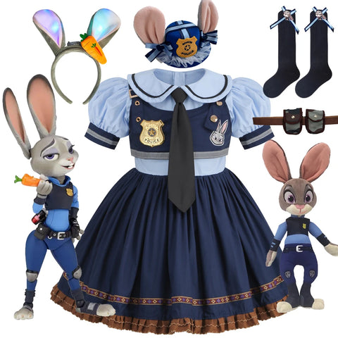 Movie Zootropolis Judy Cosplay Costume Kid Dress Tie Headdress Belt Socks Set Girl Police Role Play Uniform Christmas Party Gift