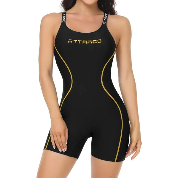 Attraco Women One-piece Sports Swimsuit Professional Athletic Boy Shorts Bathing Suit U-Neck Swimming Wear