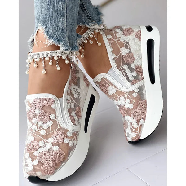 Women Fashion Casual Shoes Running Shoes Sport Wear Floral Embroidery Sheer Mesh Sneakers