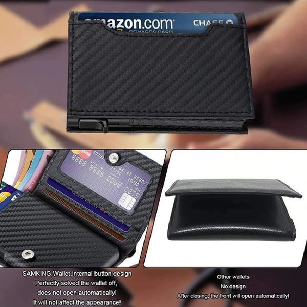 Men Credit Card Holder Slim Fit Pop Up Metal Wallet with RFID Blocking Minimalist Carbon Fiber Leather  Wallet