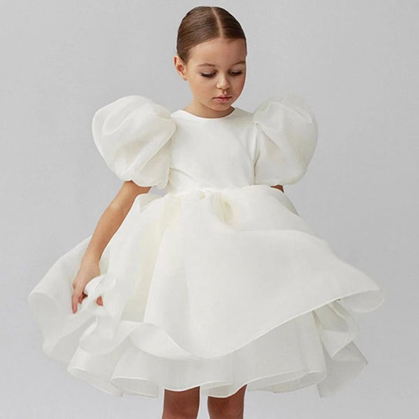 Fashion Girl White Princess Dress Tulle Puff Sleeve Wedding Party Kids Dresses for Girls Birthday Child Clothes Bridesmaid Gown