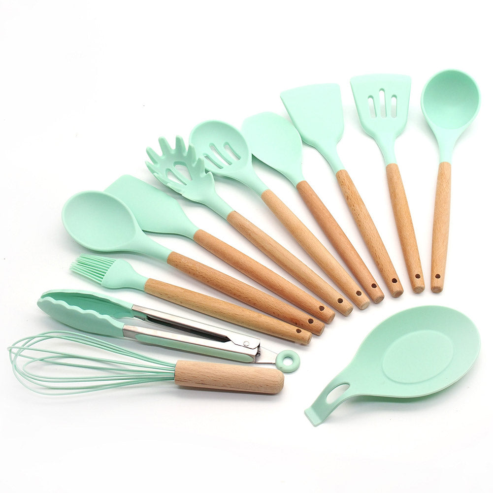 13Pcs/set Silicone Kitchenware Wooden Handle Cooking Kitchen Tools with Storage Bucket As shown_13-piece set ZopiStyle