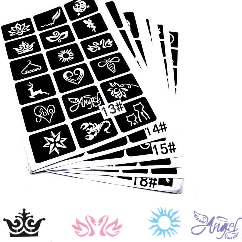 136pcs/lot Glitter Tattoo Stencil Cartoon Bear Bow Spider Scorpion Tattoo Art Design for Woman Man Mixed Designs Tattoo Sticker ZopiStyle