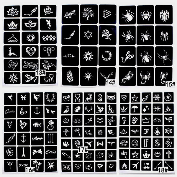 136pcs/lot Glitter Tattoo Stencil Cartoon Bear Bow Spider Scorpion Tattoo Art Design for Woman Man Mixed Designs Tattoo Sticker ZopiStyle