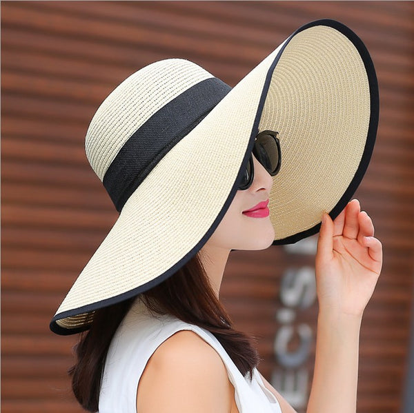 Manufacturers sell big brim hat shade straw hat female summer foldable sunscreen sun hat travel seaside vacation beach hat ZopiStyle