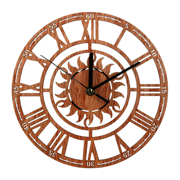 Rustic Creative Wood Roman Numerals Wall Clock Silent Non-Ticking Sun Shape Hollow Wall Clock for Kitchen Office Home Decoration Brown ZopiStyle