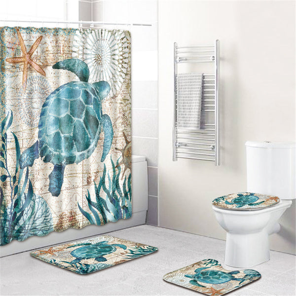 4  Pcs Non-slip Rug Toilet  Lid  Cover Bath  Mat Waterproof Bath  Curtain Sea turtle_45*75cm ZopiStyle