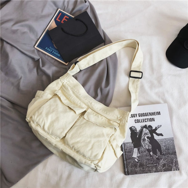 Multi Pockets Canvas Big Size Handbag Female Male Teenager Student Over Large High Street Hip Hop Fabric Zipper Messenger Bag ZopiStyle