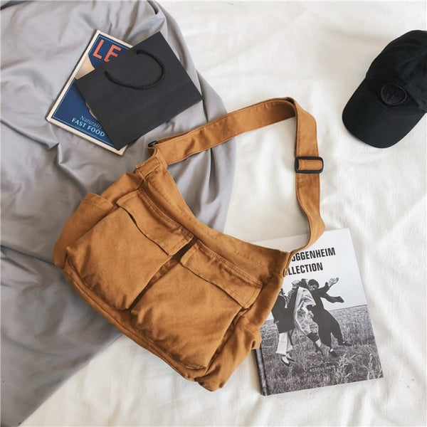 Multi Pockets Canvas Big Size Handbag Female Male Teenager Student Over Large High Street Hip Hop Fabric Zipper Messenger Bag ZopiStyle